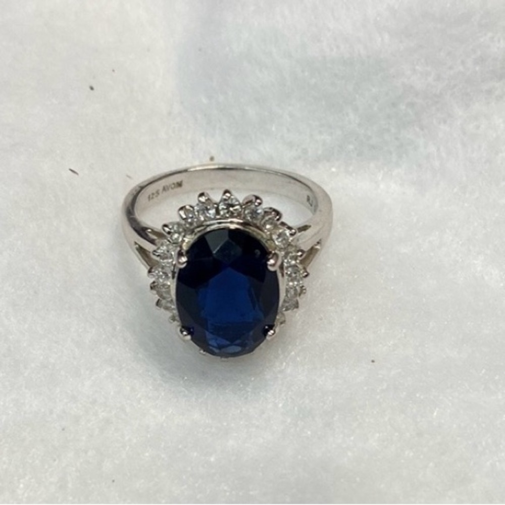 Avon 125th  Anniversary Princess Faux Sapphire and CZ Ring Silver tone Size 9